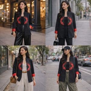 Black & Red Embroidered Mandarin Collar Jacket Size M